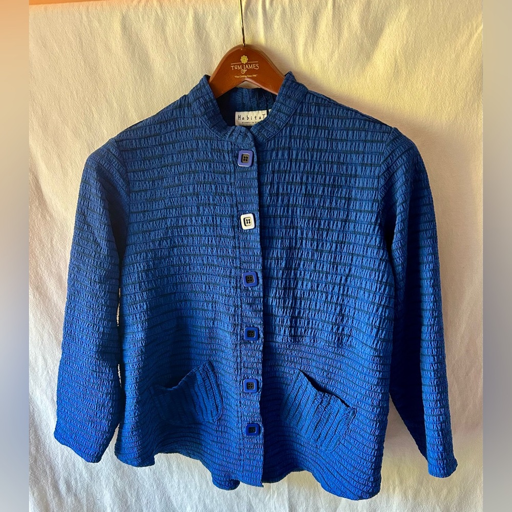 Habitat Navy Textured Jacket Womens M 80s 90s Girl Boss 3/4 Length Sleeve Pocket